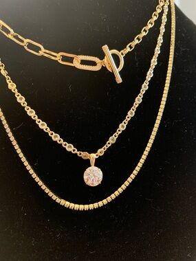 Gold-Tone Layered CZ Pendant Necklace Stack- Elegant Women’s Jewelry